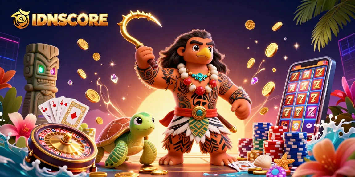 Immerse in IDNSCORE's vibrant casino world with a dynamic 3D illustration, featuring exciting game elements.
