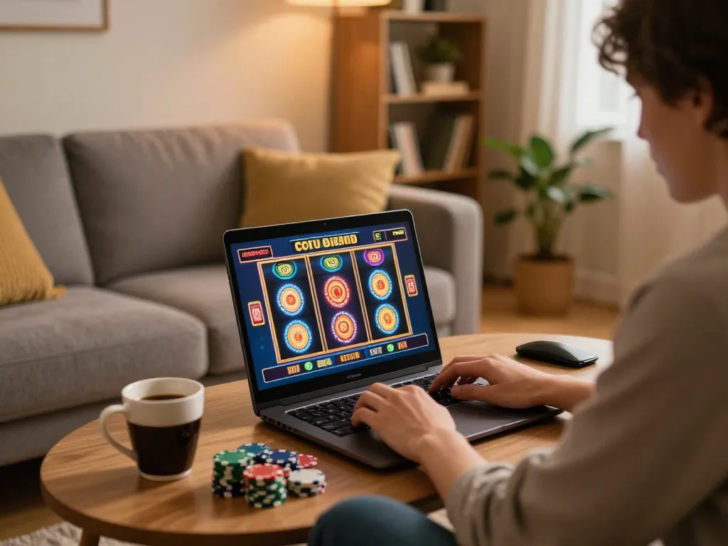 Engaging online casino gaming experience with TG88 using a laptop and colorful slot machine interface