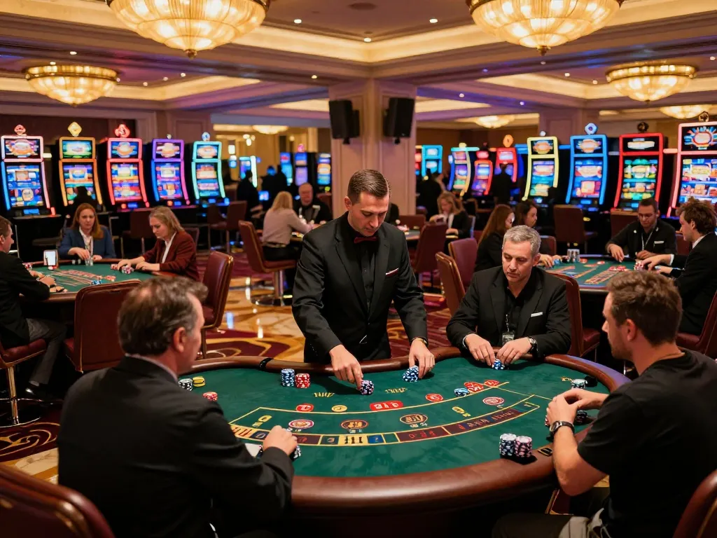 SBOBET players strategizing at a blackjack table in a luxurious Las Vegas casino