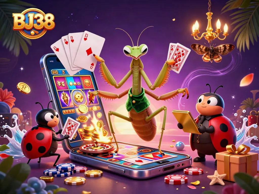 BJ38 showcases a dynamic 3D scene with a giant mantis dealer managing games and chips in a vibrant casino
