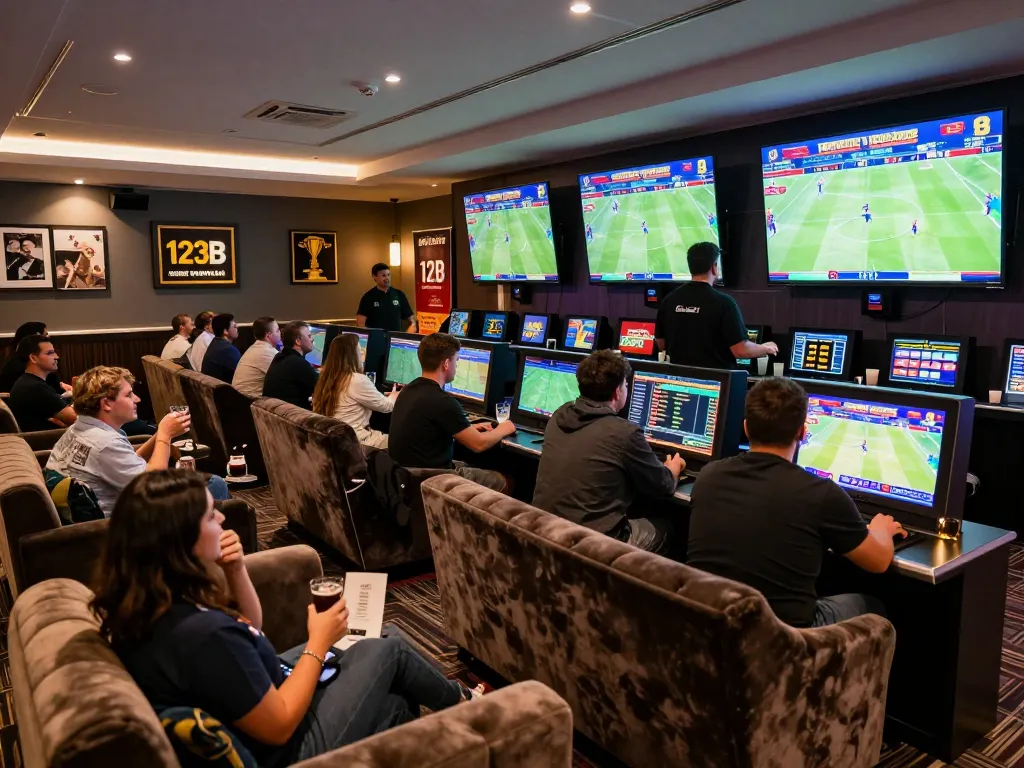 Patrons placing bets and watching games in a vibrant sports lounge at 123b, showcasing an engaging atmosphere.