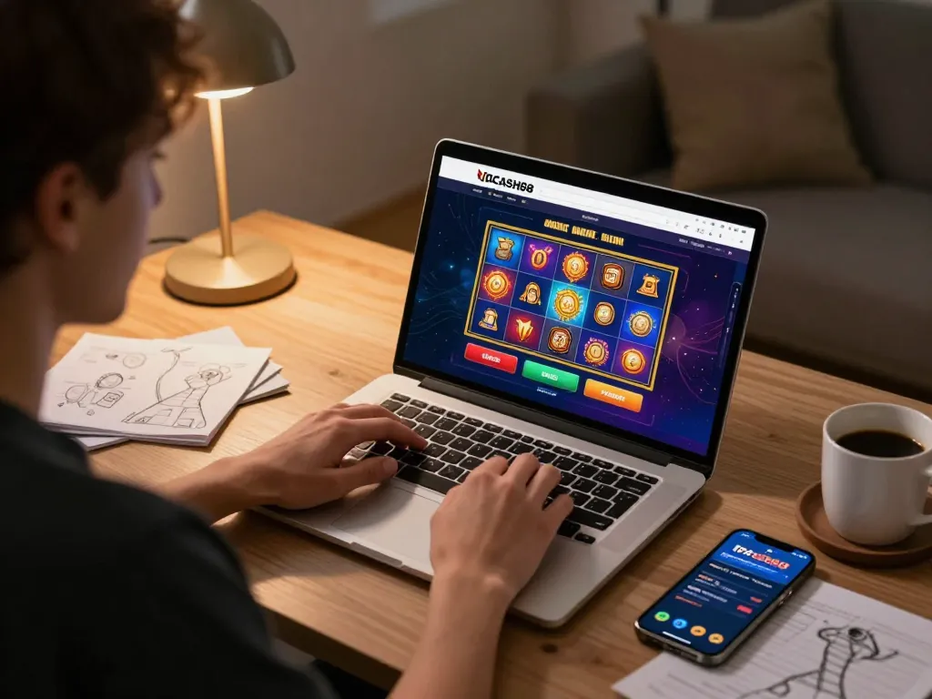 Player enjoying slot games on IDCASH88's online casino platform, showcasing a cozy home setup.