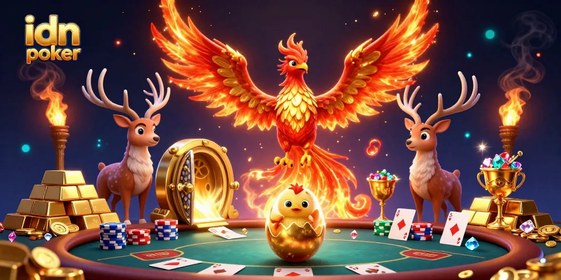 Win at idn poker with this vibrant illustration featuring a phoenix, poker table, and dazzling treasures.