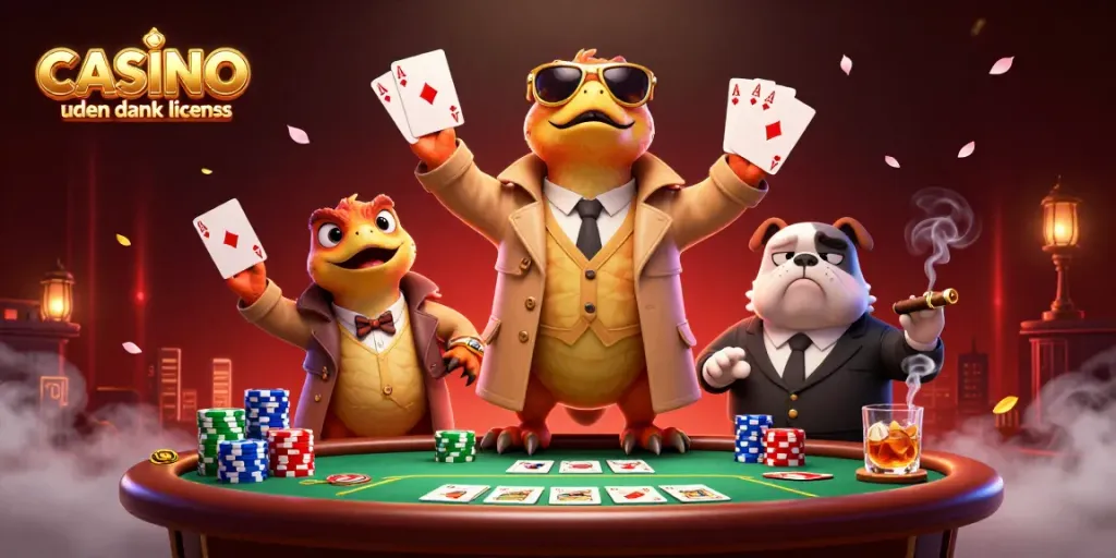 Engaging scene of three raptors in a trench coat at a VIP lounge, showcasing casino uden dansk licens.