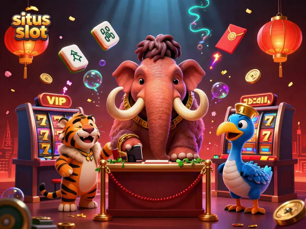 Ilustrasi menarik menggambarkan dunia situs slot dengan karakter mamut dan harimau.