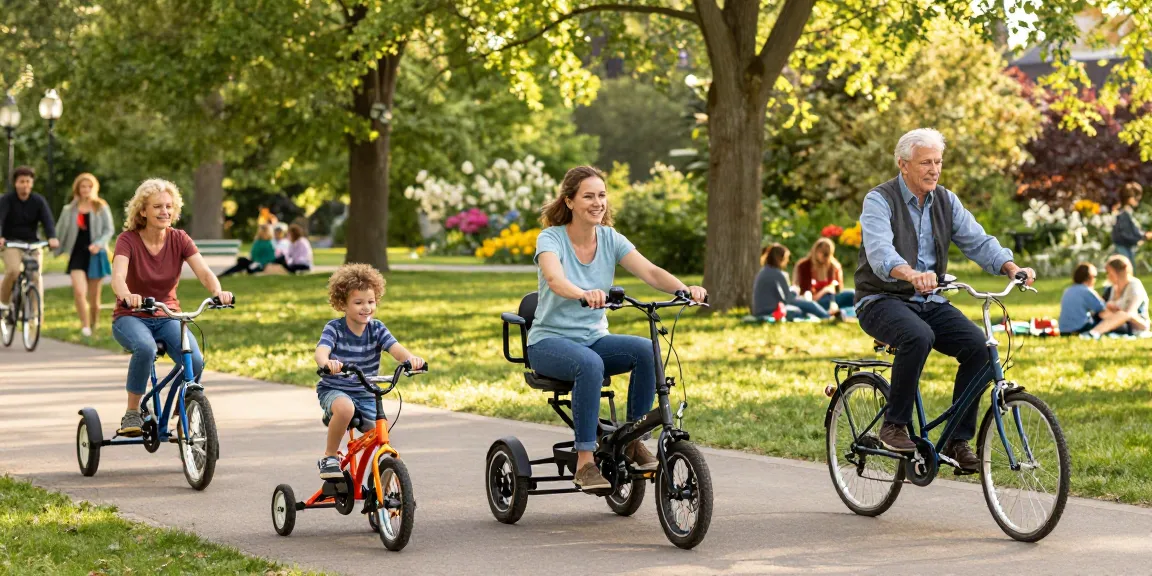 Families and individuals enjoying tricycles in a sunny park, showcasing the joy of cycling.