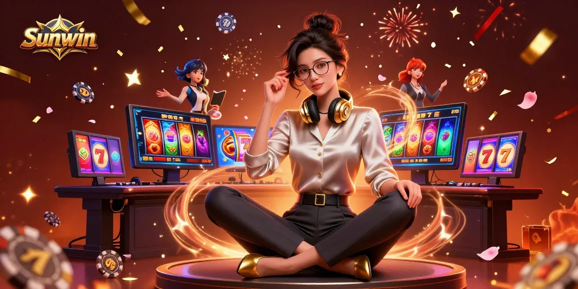 Spin the reels with Sunwin in a dynamic casino illustration showcasing vibrant slot gaming elements.