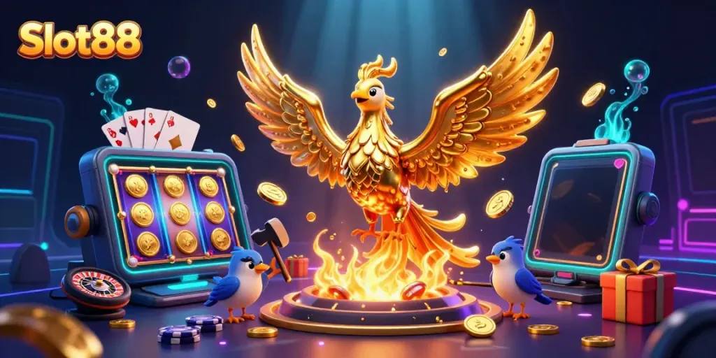 Experience the thrill of Slot88 with a molten golden phoenix and dynamic casino elements.