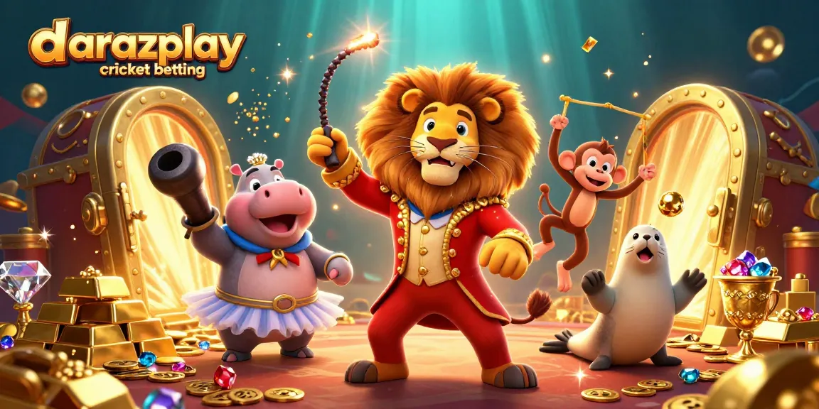 Engage in darazplay cricket betting with a dynamic illustration of a circus scene filled with casino elements.