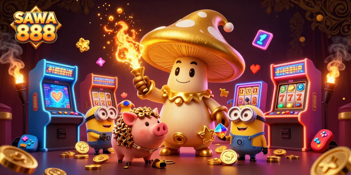 SAWA 888 showcases a vibrant casino scene with a magical mushroom wizard, treasure, and gaming elements.