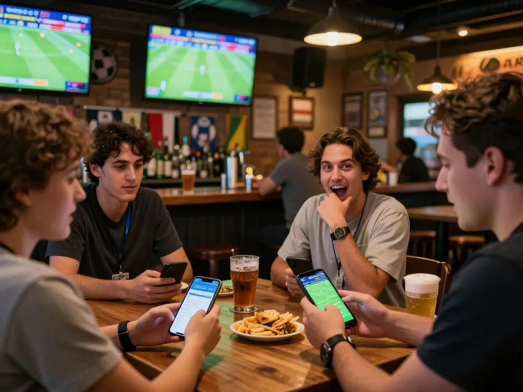 Soi kèo sports betting excitement in a lively sports bar featuring patrons placing bets.