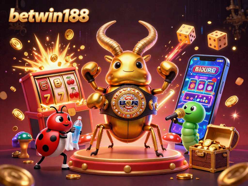 Betwin188 showcases a dynamic casino scene with a golden stag beetle and jackpot explosion.