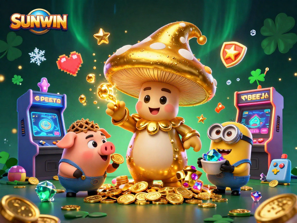 SUNWIN offers a whimsical scene with a magical golden mushroom wizard and treasure-hunting truffle pig, perfect for casino gaming excitement.