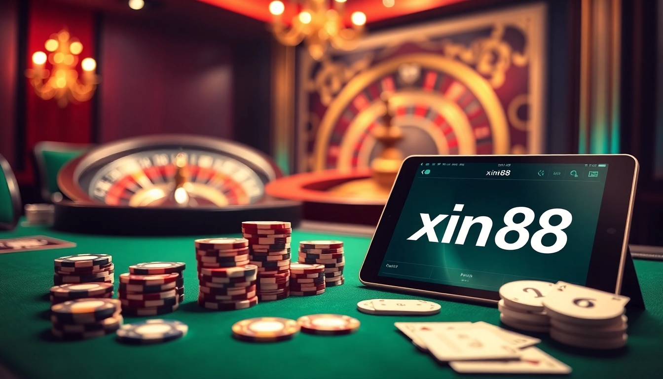 Players engage in high-stakes poker at a luxurious xin88 casino table with chips and cards.
