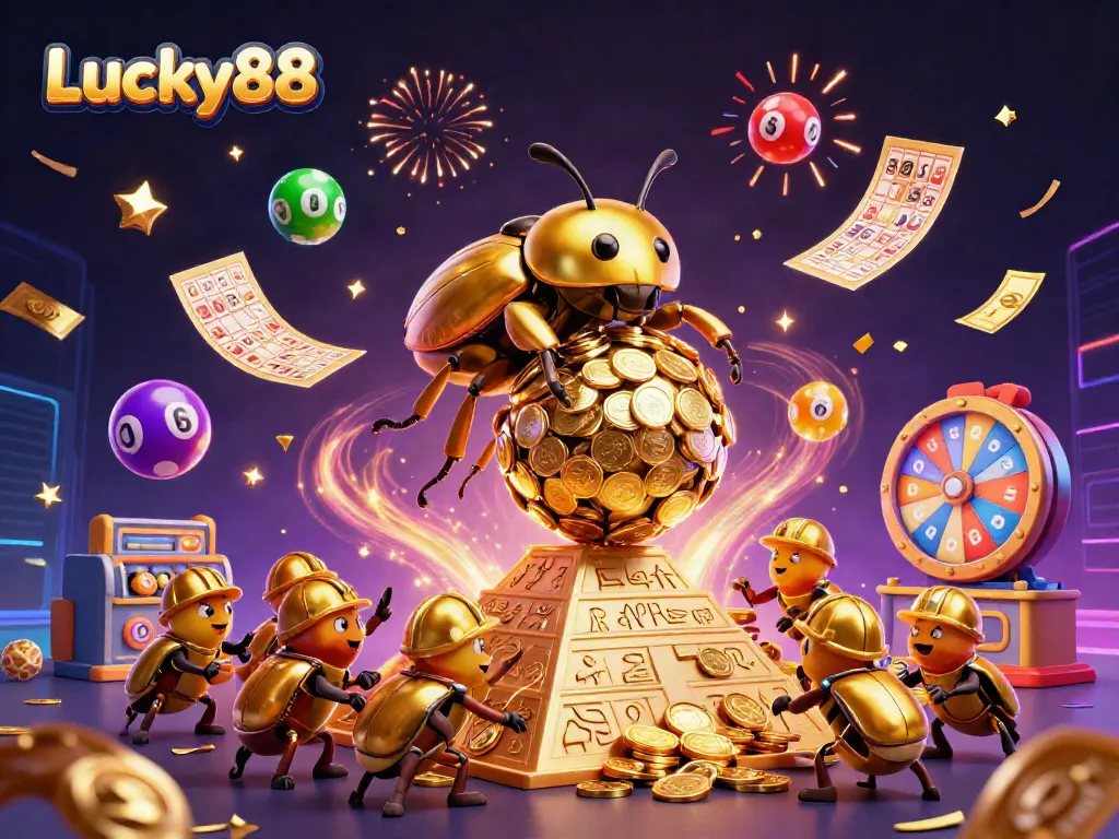 Winning strategies at Lucky88: a vibrant scene with golden dung beetles celebrating casino games.