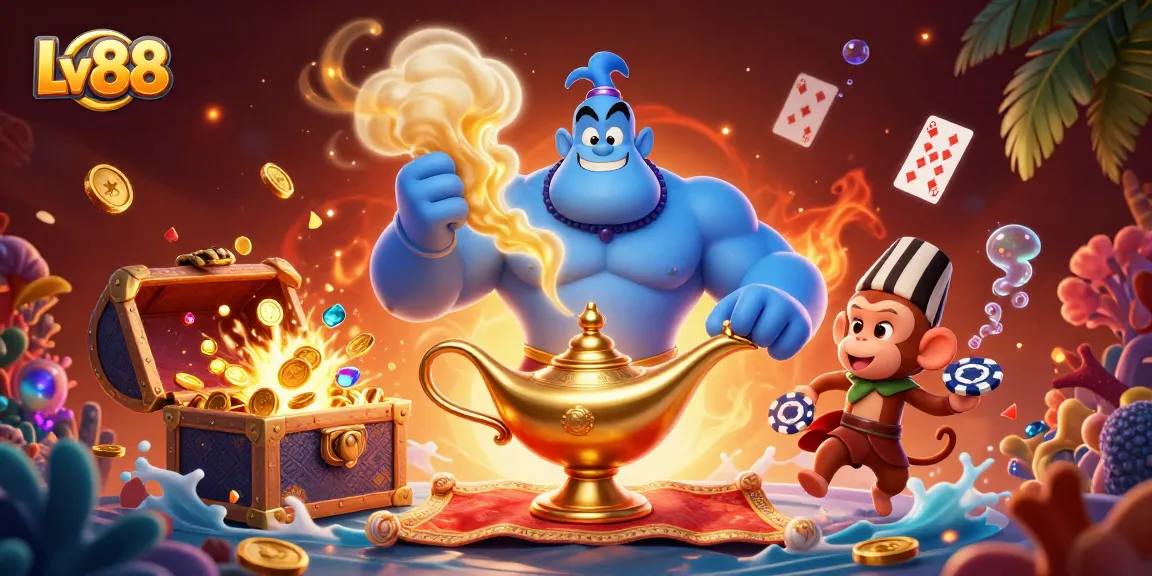 Experience action-packed gaming at Lv88 with a vibrant 3D illustration featuring a genie, monkey, and a flying poker carpet.