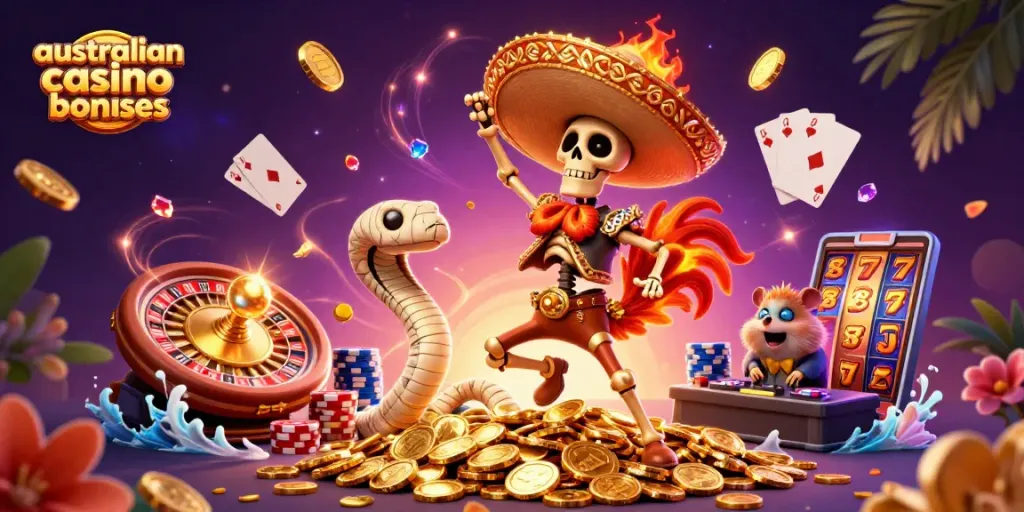 Experience top australian casino bonuses through this vibrant 3D illustration showcasing exciting gaming elements.