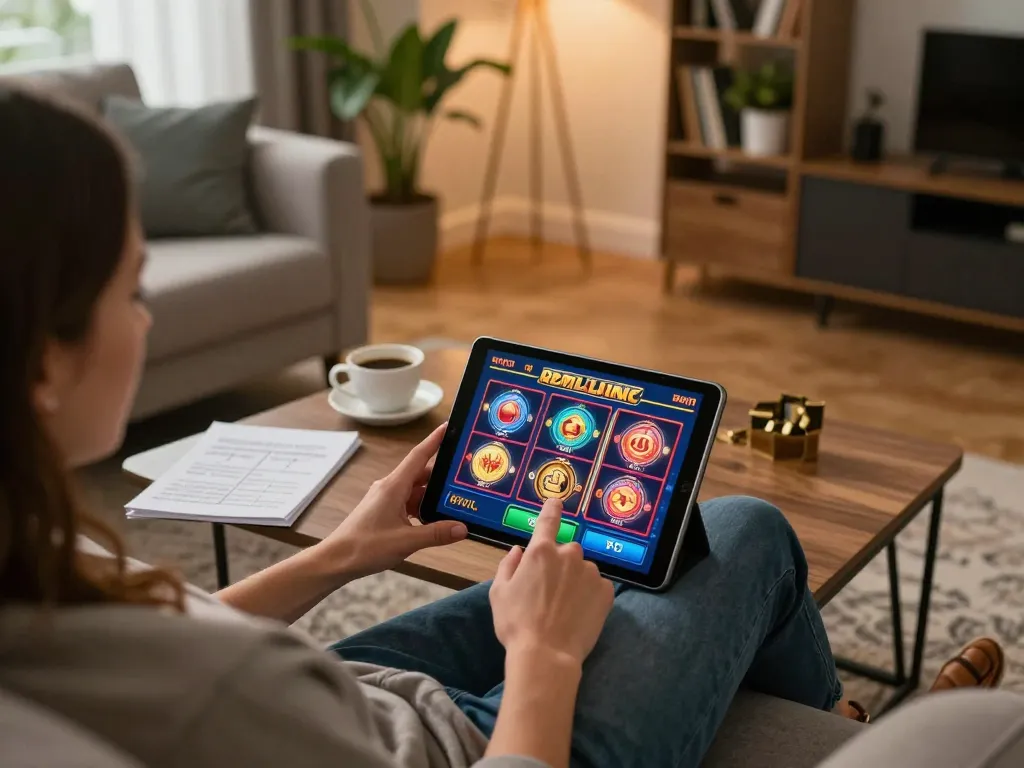 Player enjoying an online slot game on a tablet in a cozy living room setting