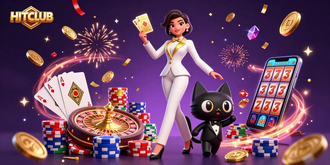 Experience thrilling wins at HITCLUB with a glamorous casino scene featuring dynamic characters, rich game elements, and exciting visuals.