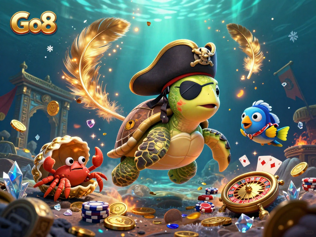 Experience the thrill of Go8 with exciting casino elements like roulette wheels and chips, highlighted by captivating underwater scenery.