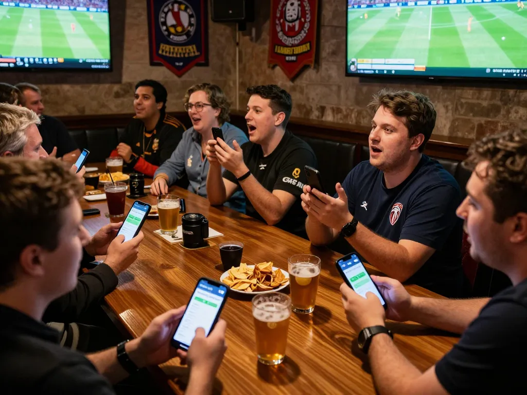 Excited patrons engaging in 7meter parlay sports betting at a vibrant bar.