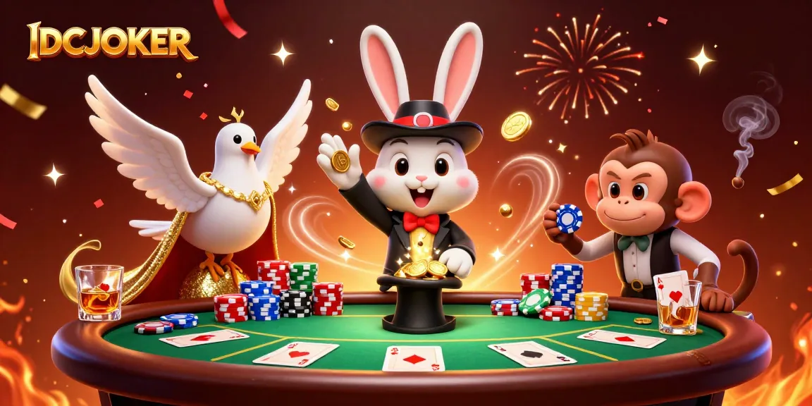 Engage with IDCJOKER in an exciting casino scene featuring a rabbit magician, dove assistant, and playful monkey.