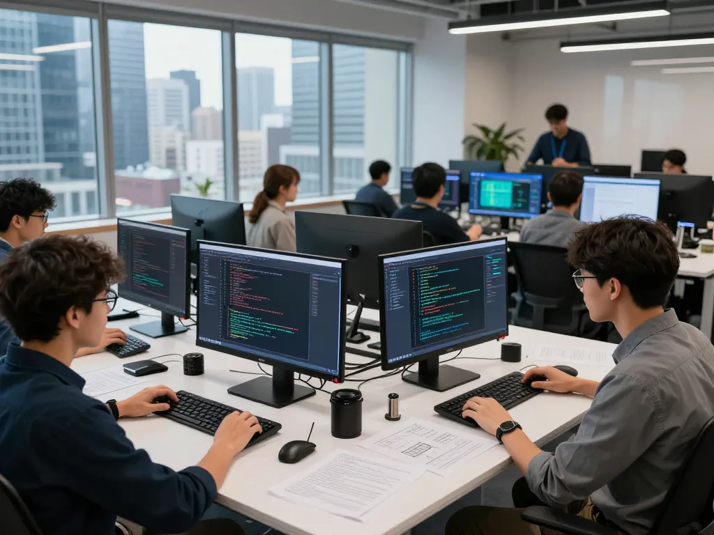 AI crypto mining collaboration in a modern tech workspace with engineers analyzing data.