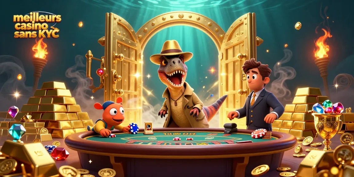 Illustration dynamique d'un velociraptor aux casinos montrant les meilleurs casinos sans KYC avec des trésors étincelants.