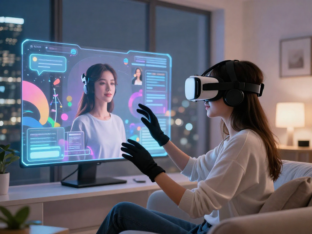 AI girlfriend interaction in a vibrant VR digital landscape