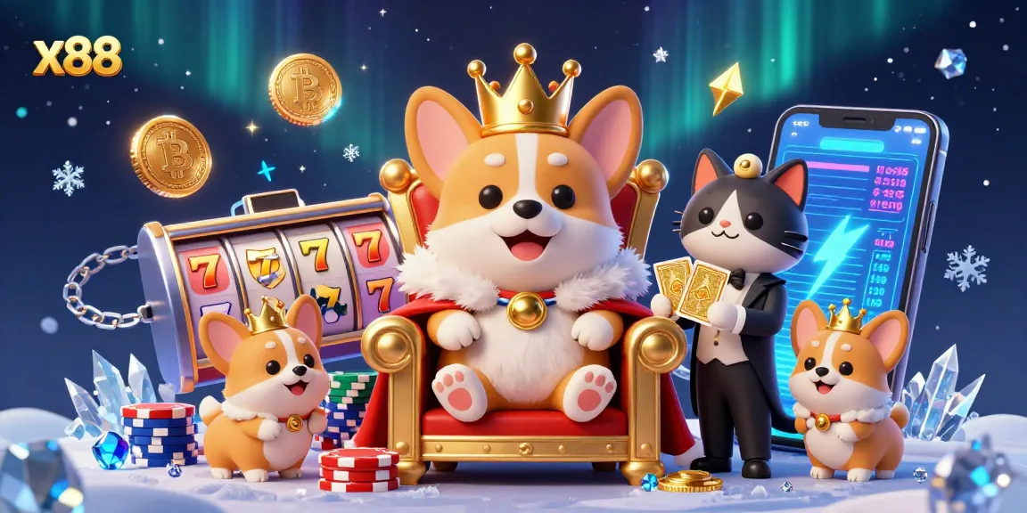 x88 entertains with a royal corgi on a poker throne, surrounded by colorful slots and crypto elements.
