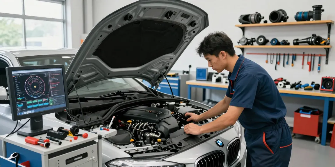 Hochwertiger Service in der BMW Werkstatt Hannover, Mechaniker inspiziert den Motor eines BMW mit modernster Diagnosetechnik.