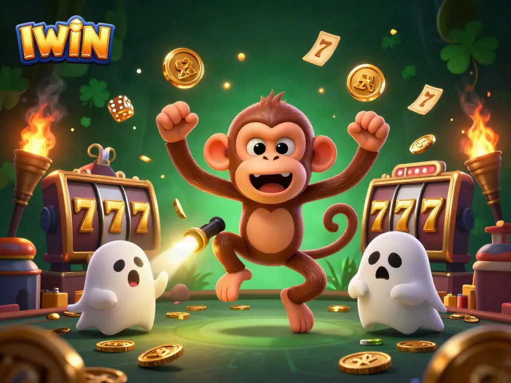 IWIN showcases a playful ghost monkey juggling golden coins and casino elements in a haunted setting.