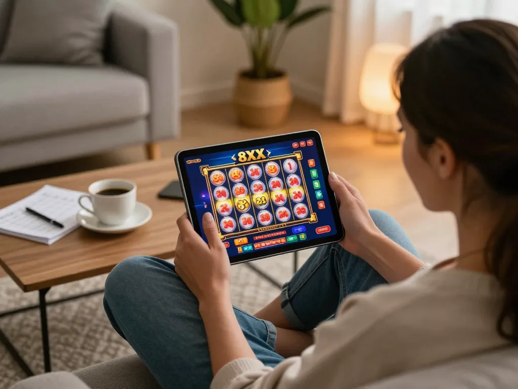 Player enjoying 8xx online gaming on a tablet while relaxing at home, with excitement on display.