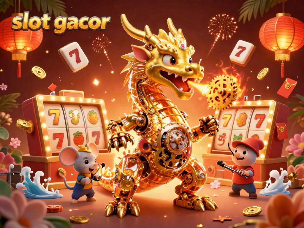 Engage in thrilling gameplay with slot gacor featuring a golden dragon, vibrant slots, and festive casino elements.