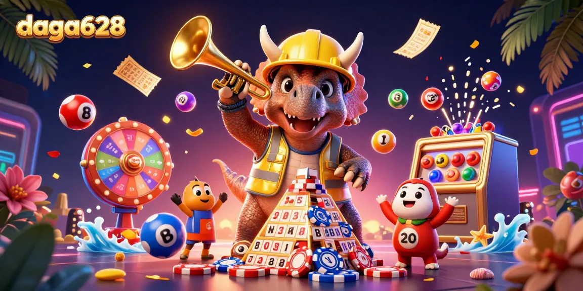 Win with the vibrant energy of daga628 as triceratops builds poker chip pyramid!