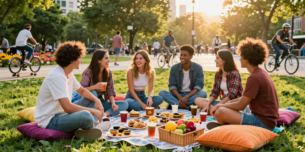 Friends enjoying outdoor gathering at urban park with snacks and laughter, representing rokok88 community spirit.