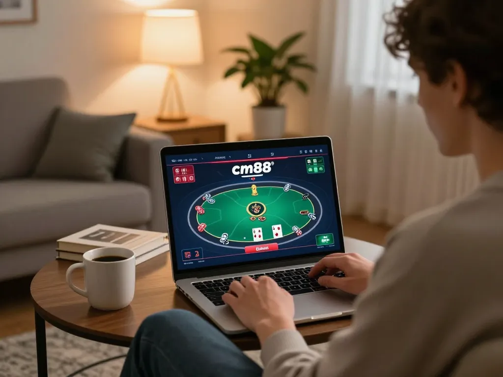 Engaging player enjoying cm88game in a cozy living room while strategizing poker.