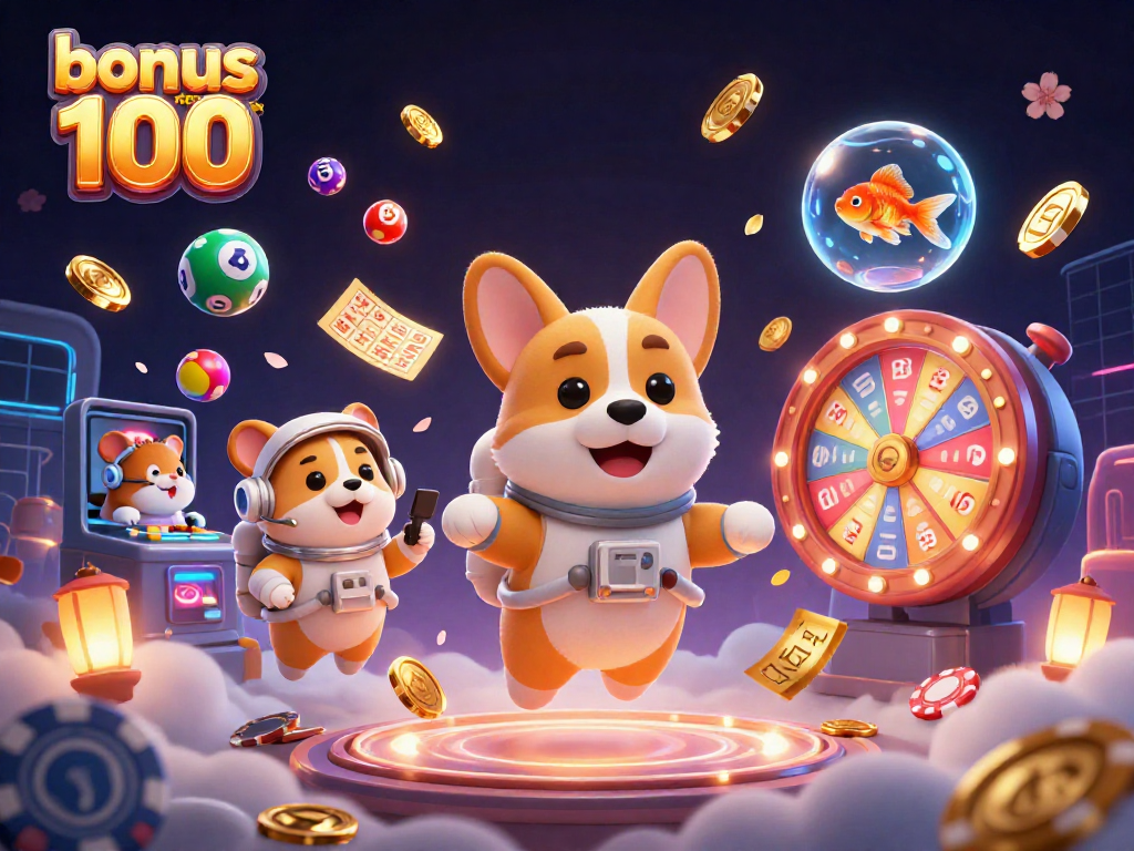 Engage with the bonus new member 100 offer, showcasing a vibrant space casino scene filled with fun game elements.