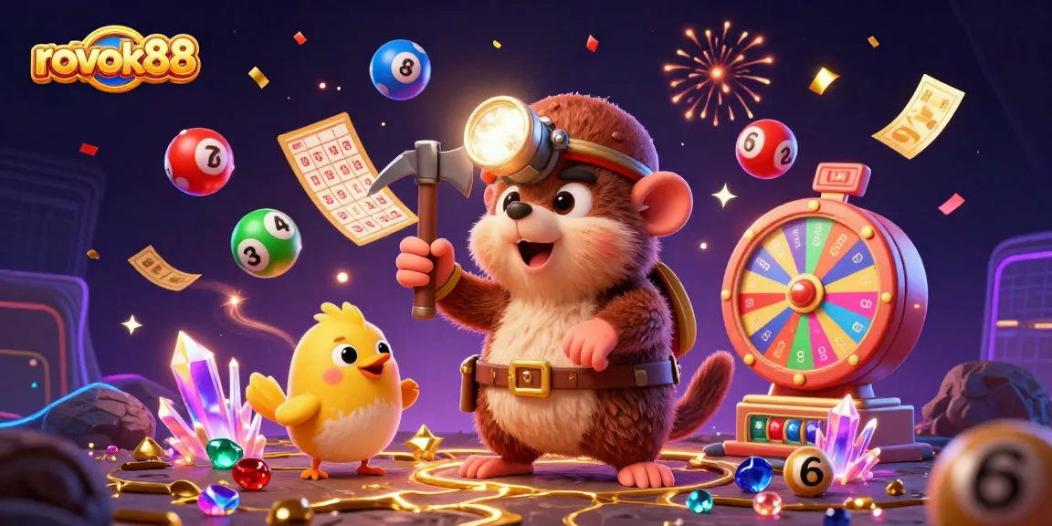 Experience excitement at rokok88 with a treasure hunter mole in a lively casino scene filled with colorful game elements.