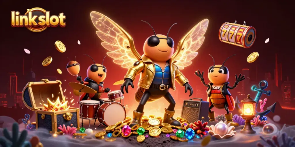 Engage in the vibrant action of link slot games with this exciting 3D illustration showcasing a rock star character and slot elements.