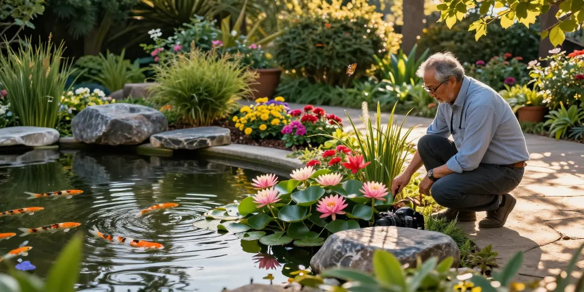 Pond plants flourishing around a tranquil garden pond with vibrant water lilies enhancing natural beauty.