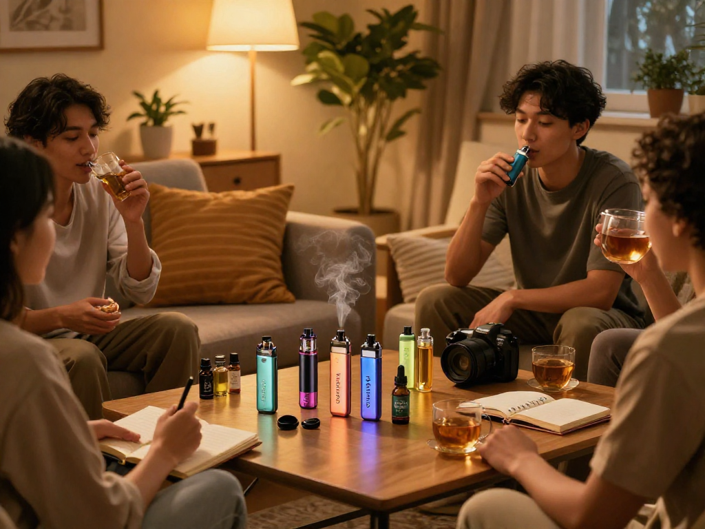 Packman vape devices and CBD oil amidst a relaxing group setting, emphasizing wellness and natural herbal care.
