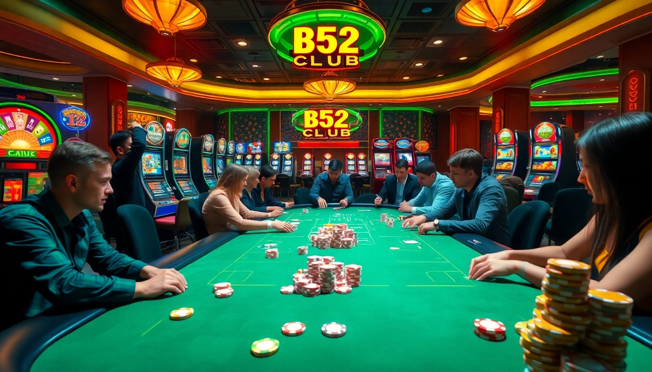 B52 CLUB showcases an exciting casino scene with players at a vibrant gaming table and colorful slot machines.
