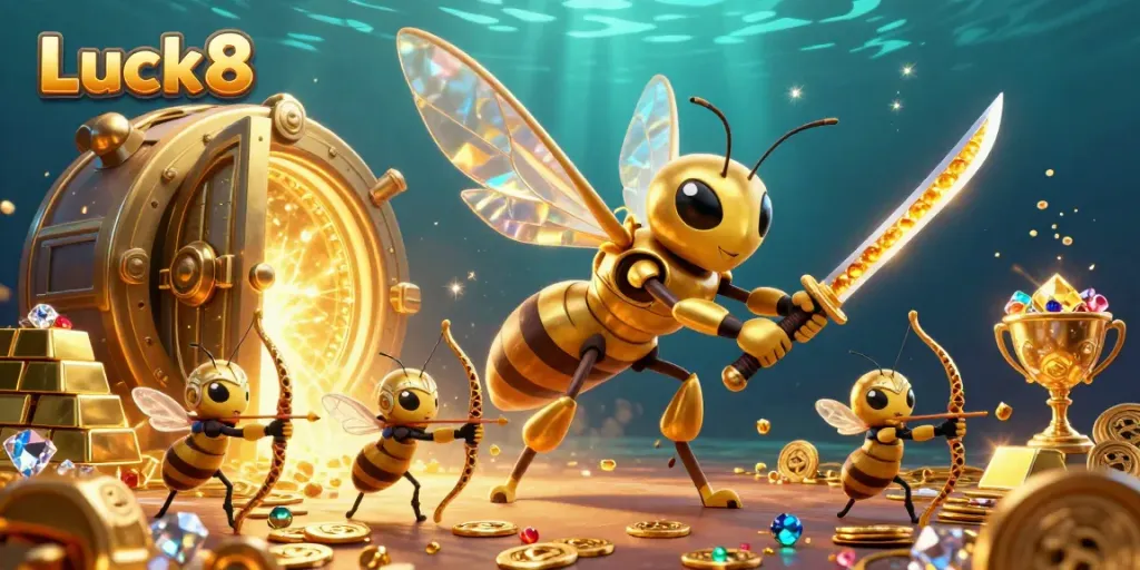 Experience the exciting world of Luck8 with a golden hornet in samurai armor, surrounded by treasures and casino elements.