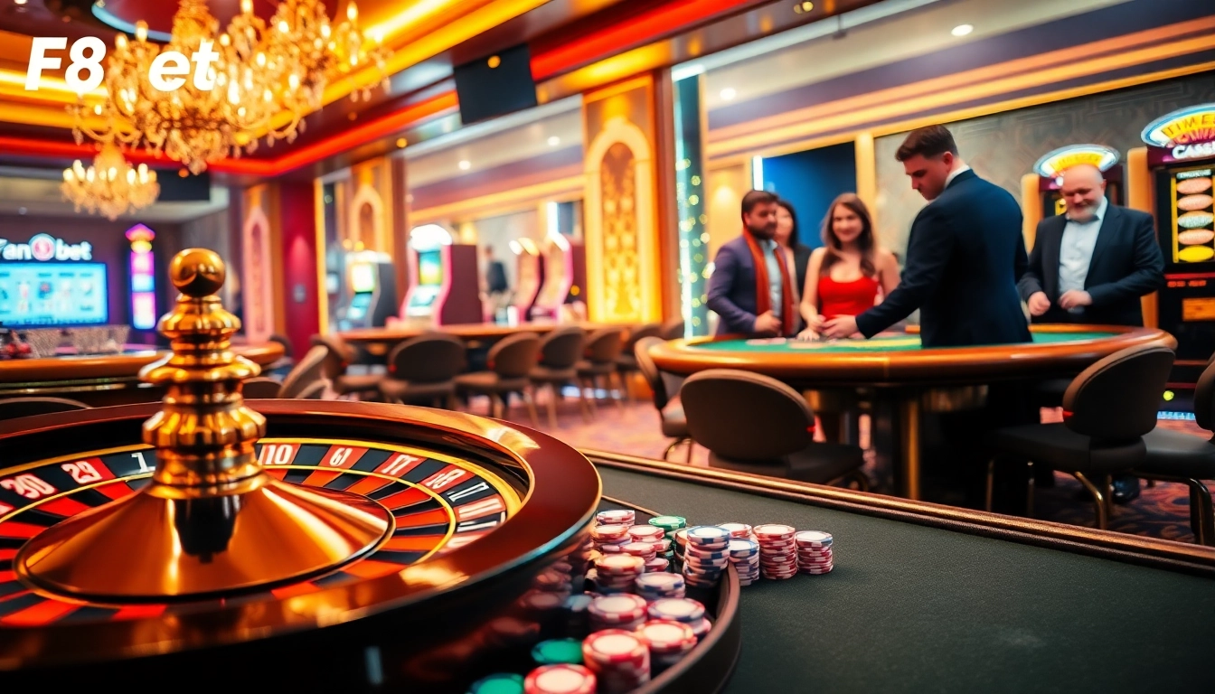F8bet players enjoying an exciting casino atmosphere with roulette, blackjack, and slot machines.