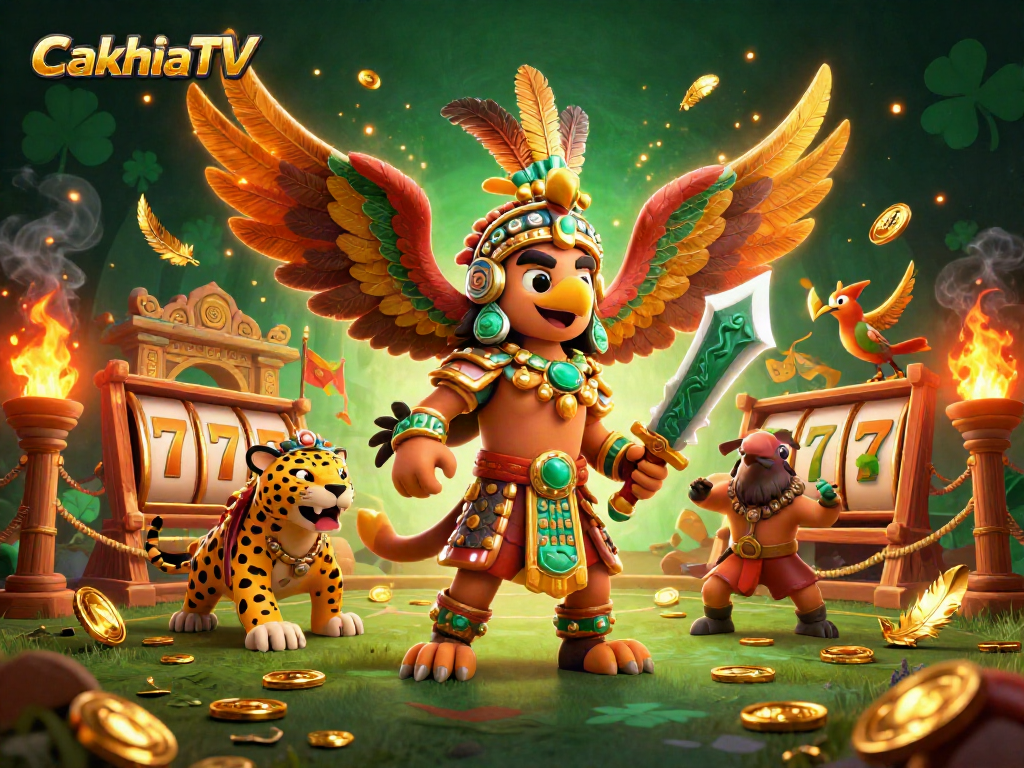 CakhiaTV showcases an electrifying slot game scene with a majestic Aztec warrior and explosive golden elements, captivating viewers.