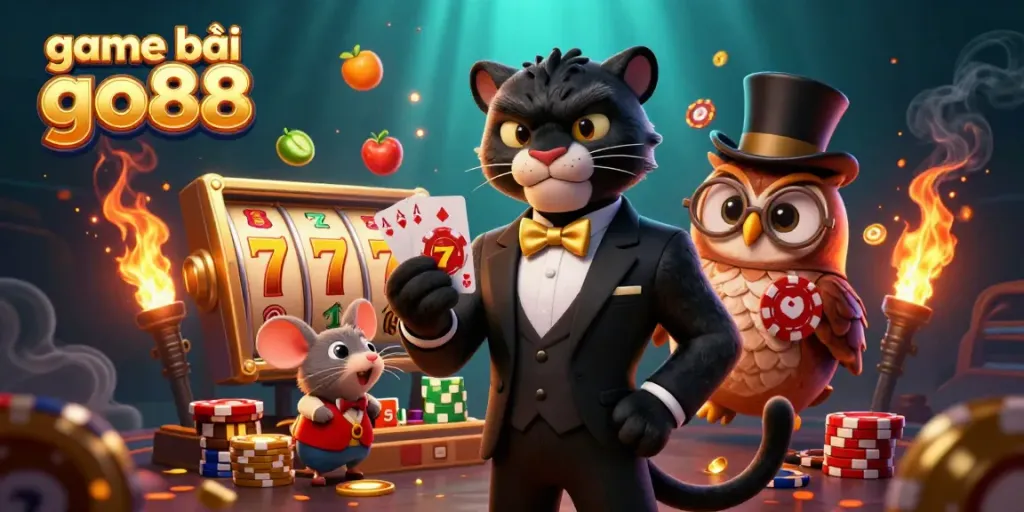 Play game bài go88 with a stylish panther dealer, owl with chips, and lucky mouse in a vibrant, energetic casino scene.
