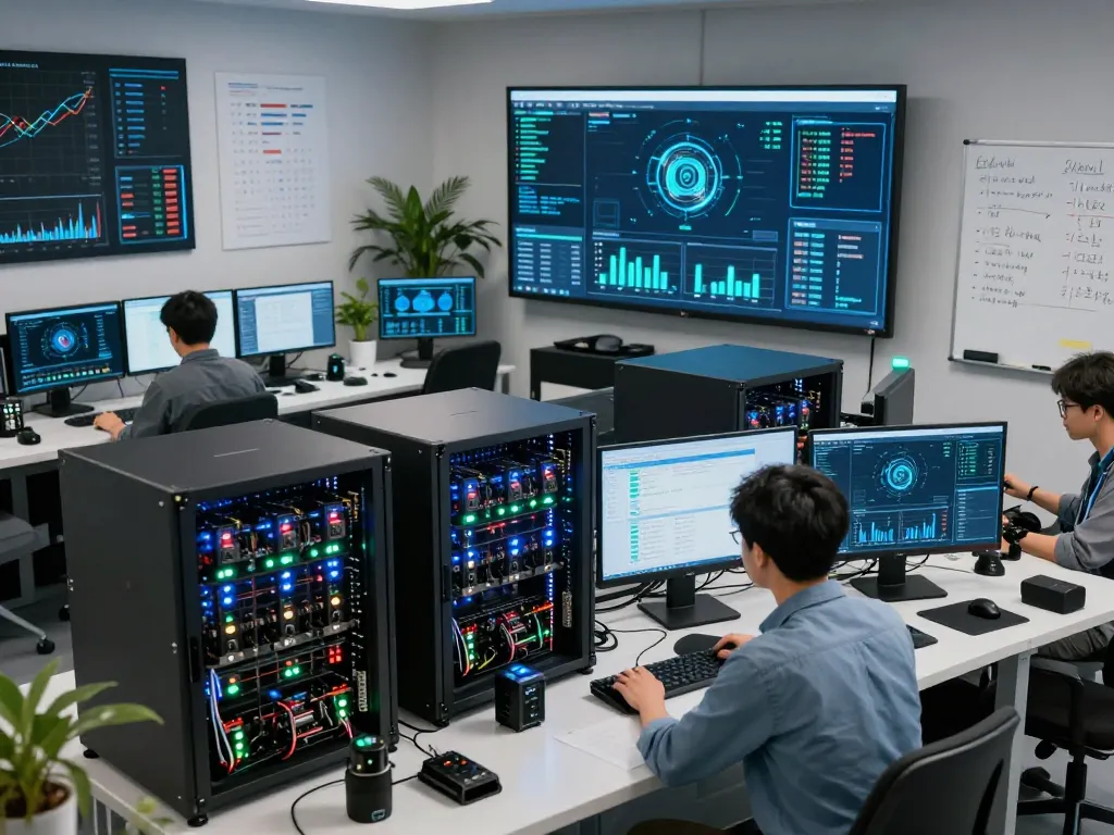 Engineers optimizing AI crypto mining rigs in a high-tech lab environment, showcasing advanced technology and real-time analytics.