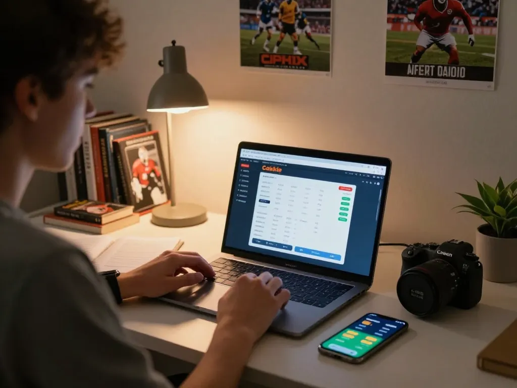 Cakhia sports betting scene at home, featuring a person analyzing odds and strategies on a laptop.