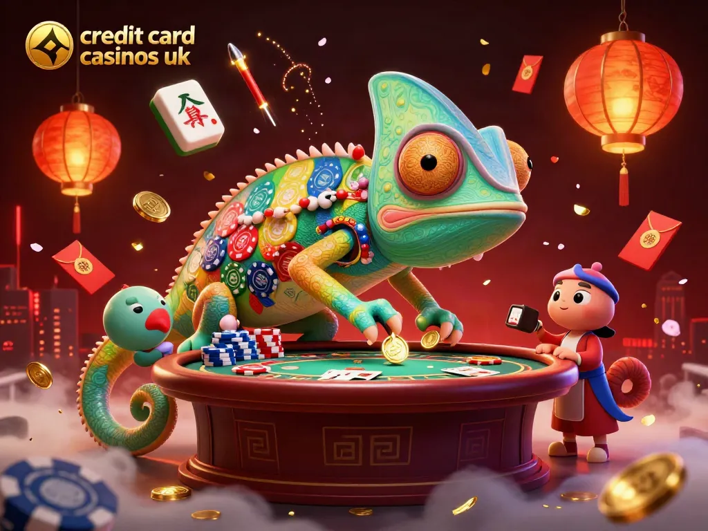 Enter the world of credit card casinos uk with a chameleon casino owner, glowing elements, and poker excitement.